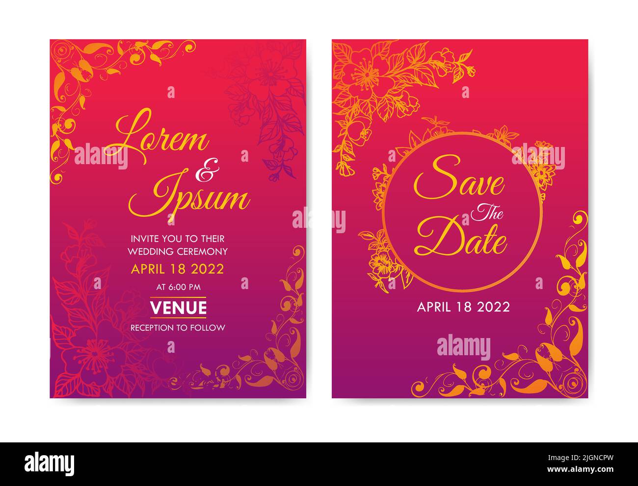 Elegante Wedding Invitation Card Template Celebration Ceremony ricevimento Set Floral Orange Leaf decorazione con testo Illustrazione Vettoriale