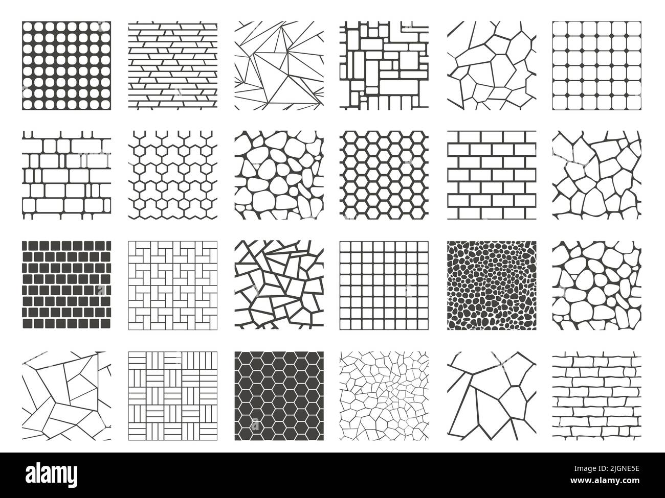 Texture acciottolata. Pavimenti in mattoni e ghiaia vintage grafica decorativa, pietra piano di pavimentazione marciapiede, giardino patio percorso nero. Set isolato vettoriale Illustrazione Vettoriale