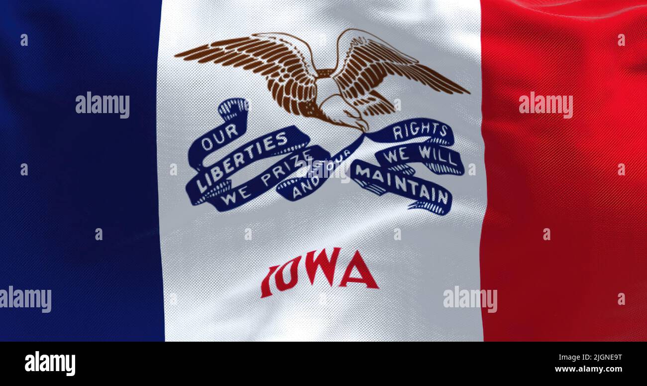 Tessuto di fondo con la bandiera dell'Iowa ondeggiante. Iowa è uno stato situato nella regione del Midwest degli Stati Uniti. Democrazia e indipendenza. Foto Stock