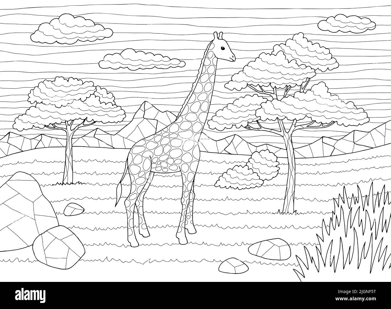 Savannah colorare grafico bianco nero paesaggio disegno vettore illustrazione Illustrazione Vettoriale