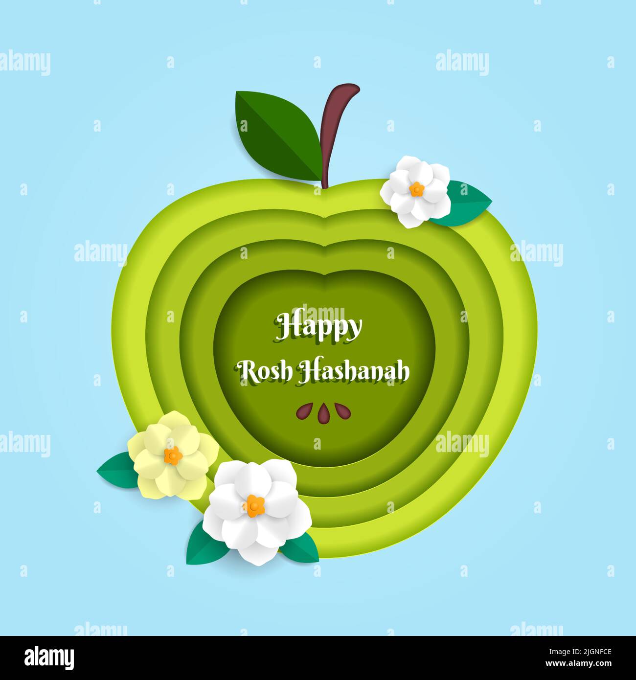 Banner di saluto Rosh Hashanah con il simbolo della festa ebraica di Capodanno fiori di mela e carta. Modello di illustrazione vettoriale per il taglio della carta. Illustrazione Vettoriale