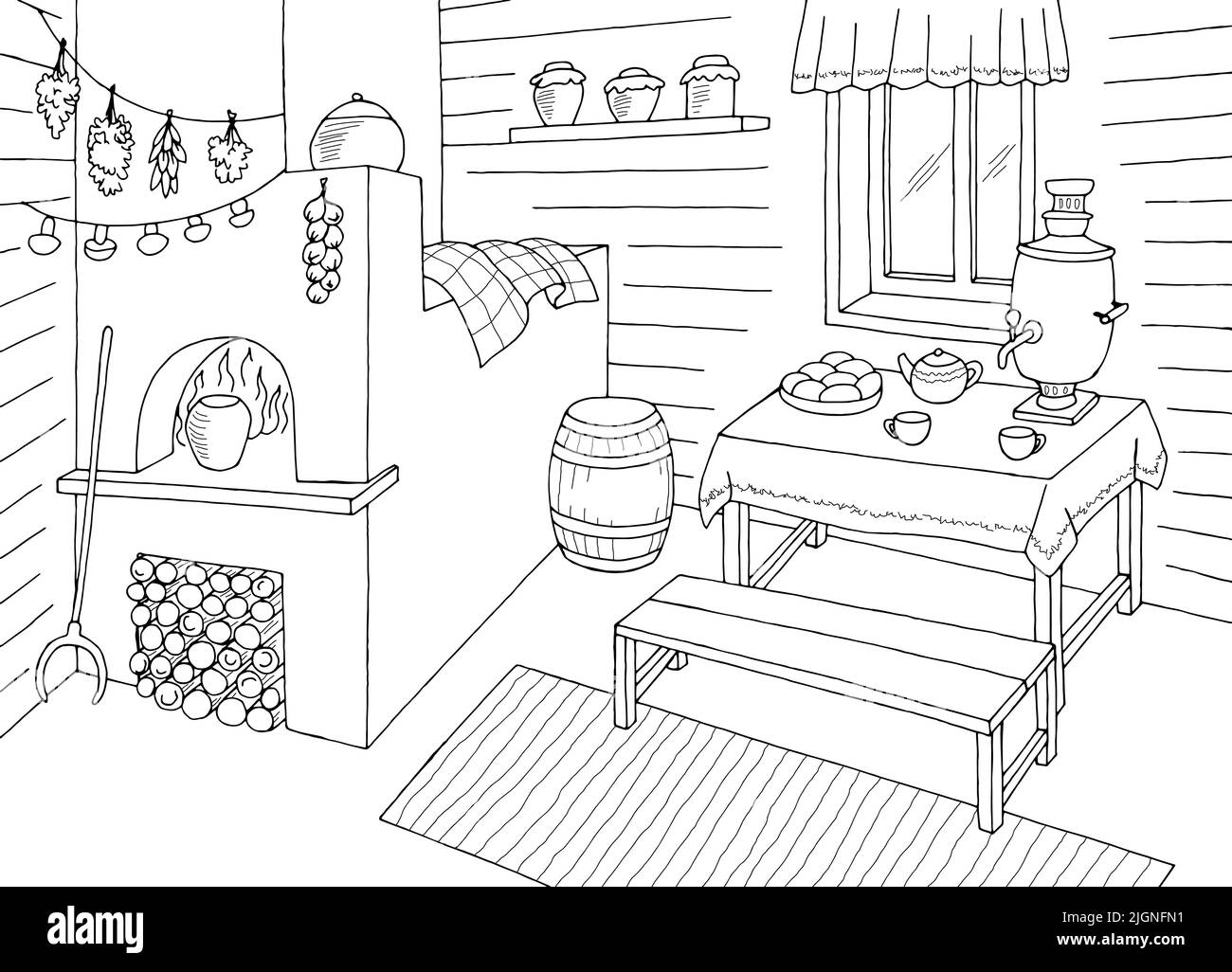 Vecchio russo cucina camera grafica bianco nero casa interno disegno vettore Illustrazione Vettoriale