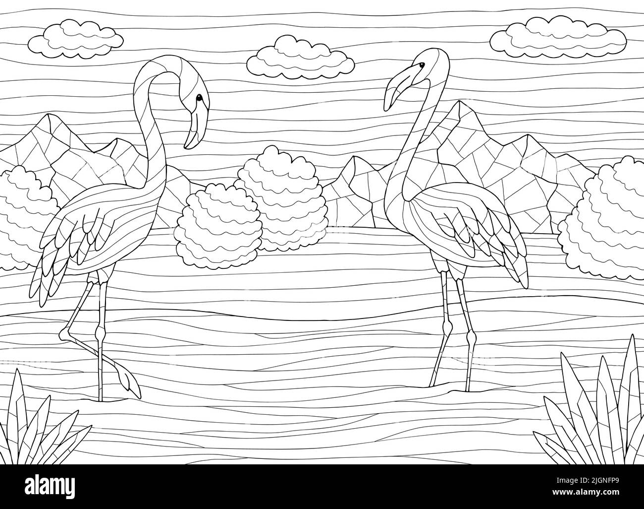 Flamingo colorazione grafica nero bianco lago paesaggio disegno vettore illustrazione Illustrazione Vettoriale