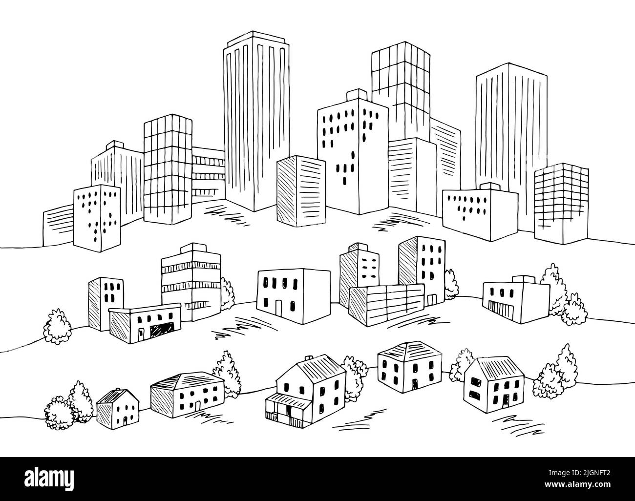 Città grafica bianco nero cityscape collina disegno vettore Illustrazione Vettoriale