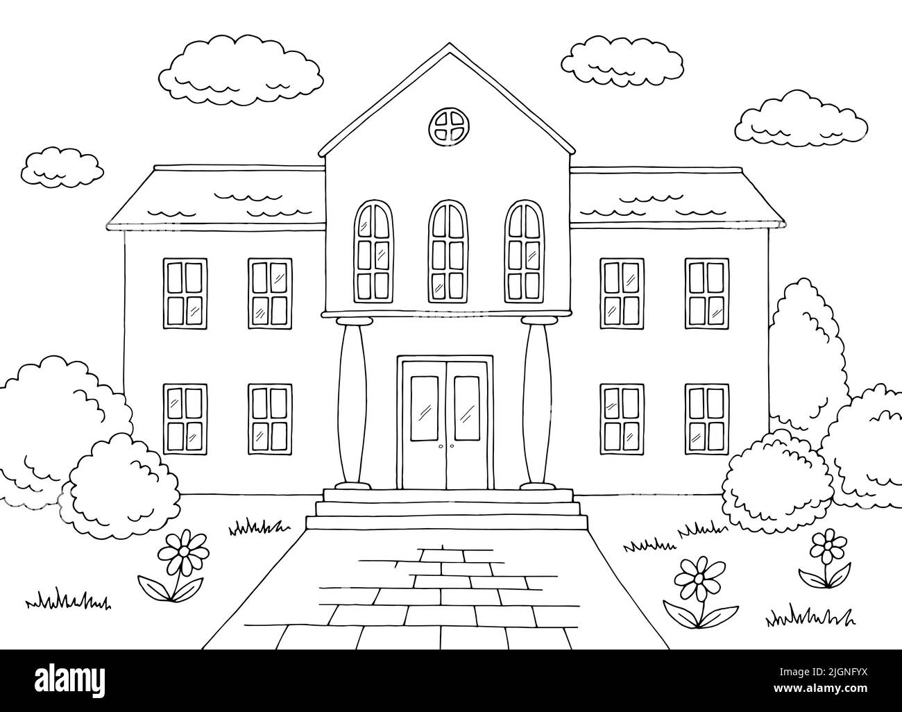 Scuola edificio vista frontale esterno grafico nero bianco illustrazione schizzo vettore Illustrazione Vettoriale