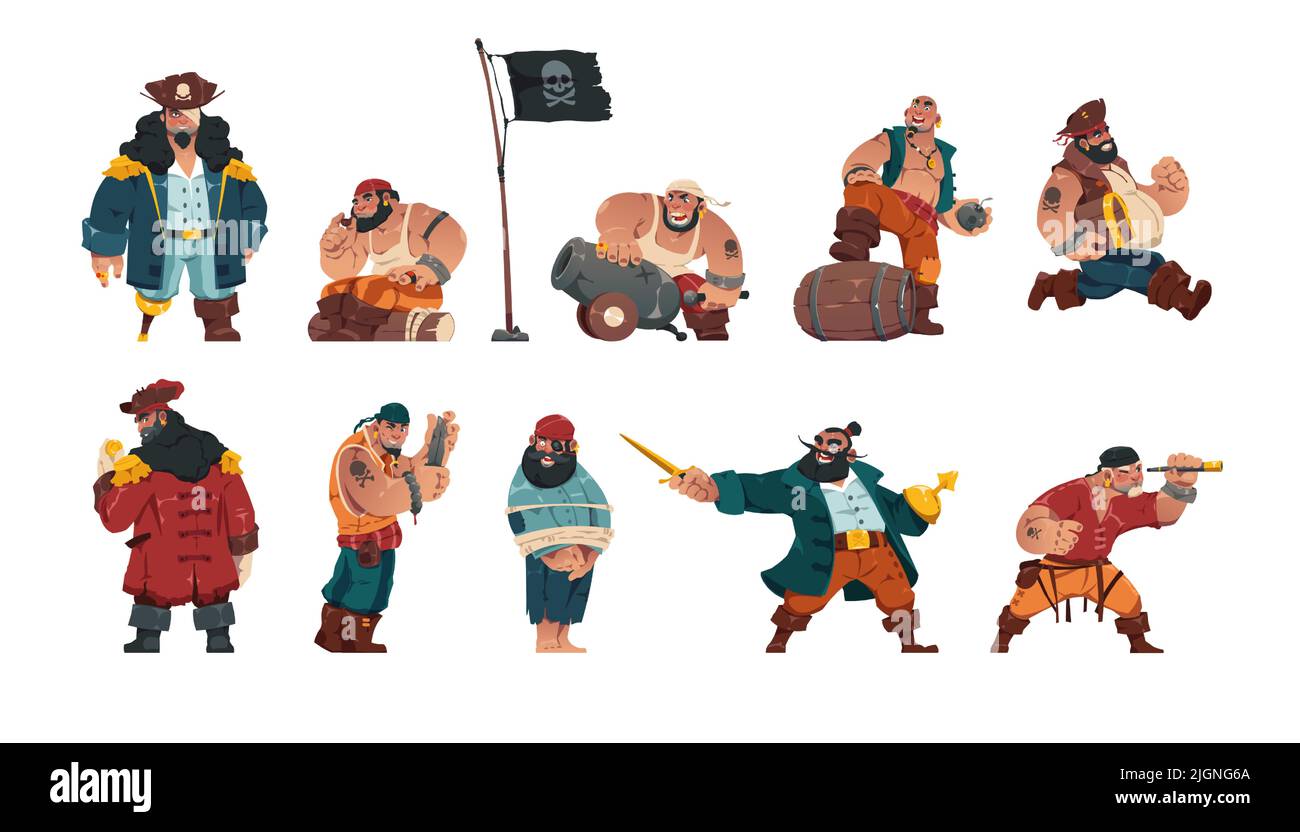 Personaggi pirata. Cartoon armato maschio banditi marinai, gruppo fantasy criminali marini con spade cannoni Spyglass e bandiera pirata. Vettore isolato Illustrazione Vettoriale