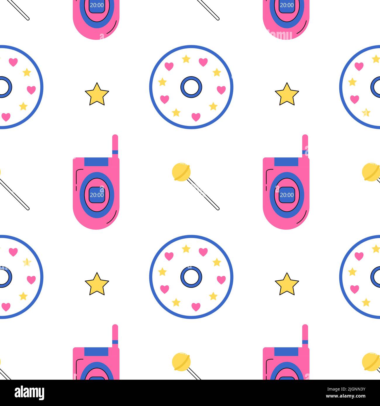 Y2K vecchio modello di grovy mobile. Vecchio telefono cellulare rosa, lollipop giallo, compact disc, stella su sfondo bianco. 2000s retro. Modello per la Illustrazione Vettoriale