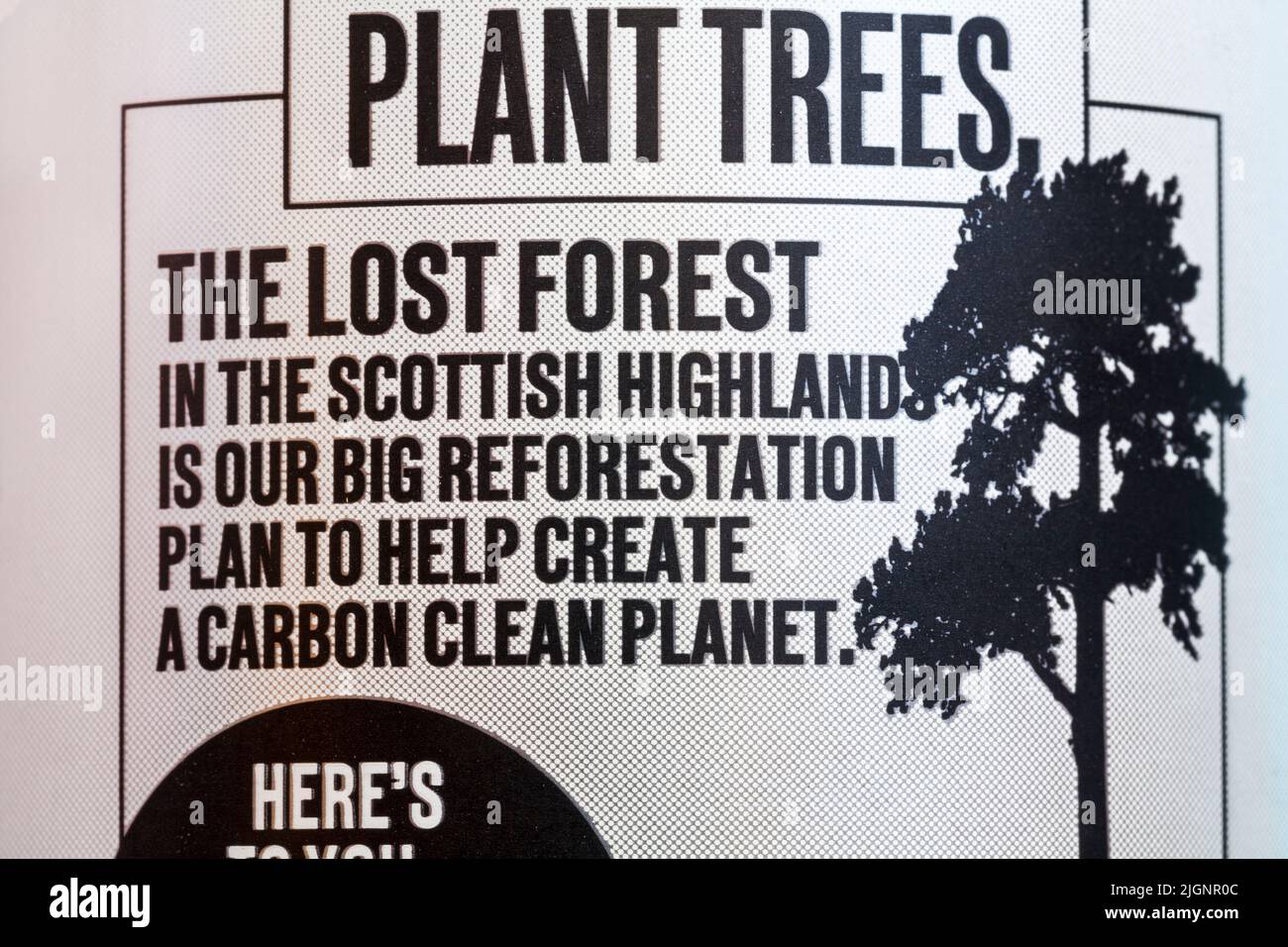 Pianta alberi la foresta perduta nelle Highlands scozzesi è il nostro grande piano di rimboschimento per contribuire a creare un pianeta pulito dal carbonio - dettaglio su BrewDog lager Foto Stock