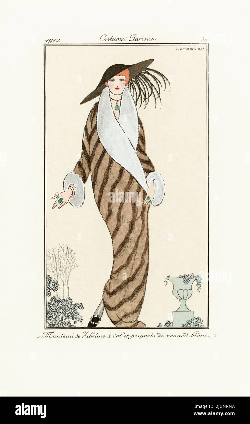 Manteau de Zibelin - Cappotto di Sable. Stampa dalla rivista di alta moda Journal des Dames et des Modes, pubblicata dal 1 giugno 1912 al 1 agosto 1914. Dopo un lavoro dell'illustratore francese George Barbier, 1882 - 1932. Foto Stock
