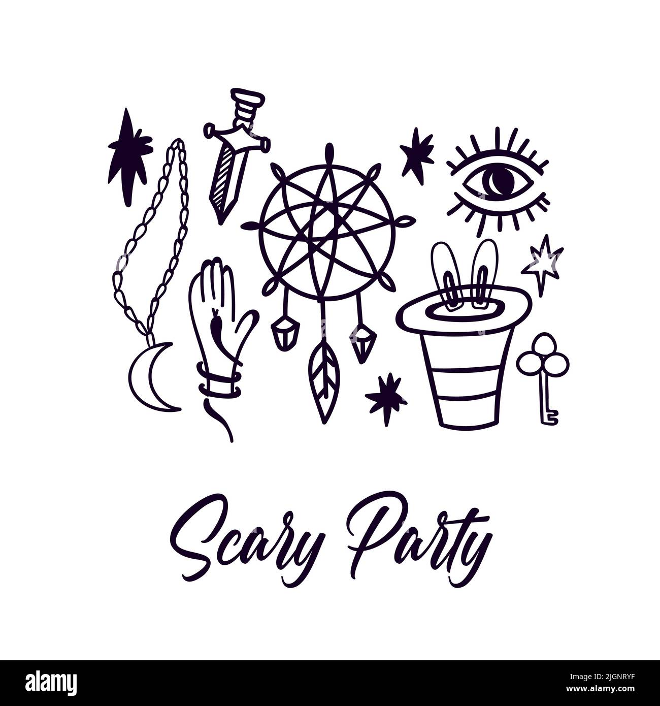 Scary Party Doodle Postcard Illustrazione Vettoriale