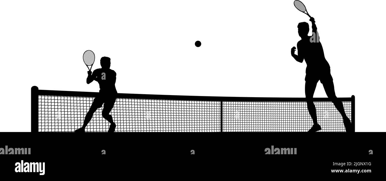 Tennis uomini che giocano Match Silhouette giocatori scena Illustrazione Vettoriale