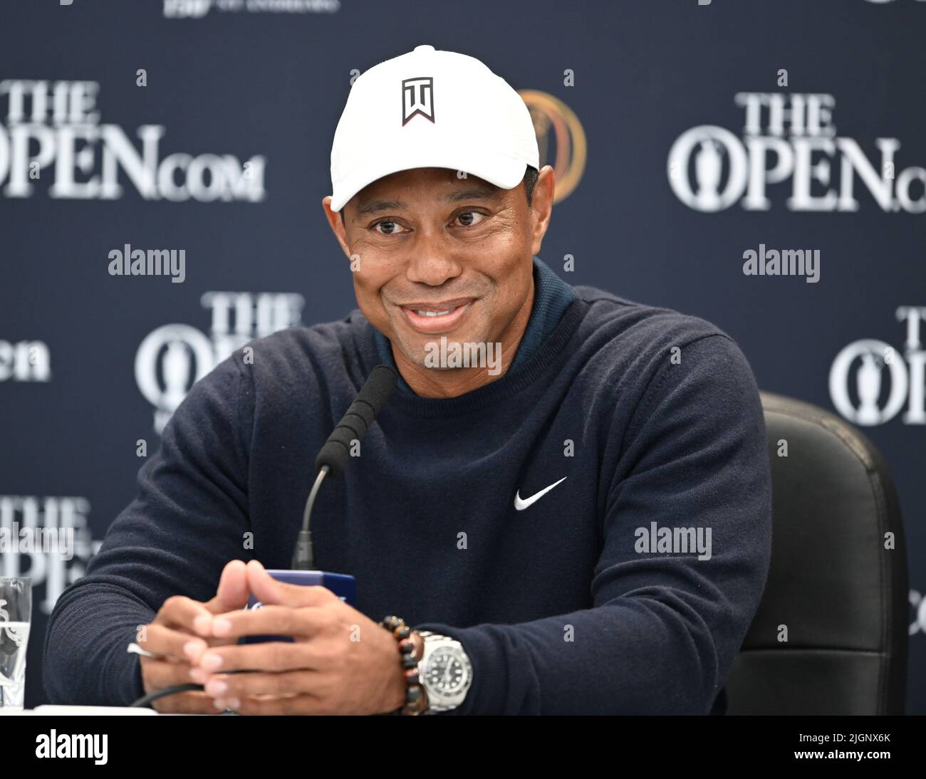 150th Open Golf Championships, St Andrews, luglio 12th 2022 Tiger Woods parla ai media durante la sua conferenza stampa presso l'Old Course, St Andrews, Scozia. Credit: Ian Rutherford/Alamy Live News. Foto Stock