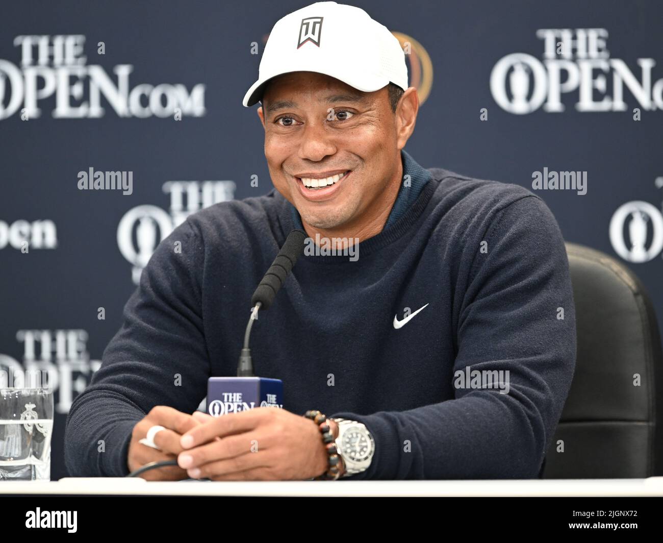 150th Open Golf Championships, St Andrews, luglio 12th 2022 Tiger Woods parla ai media durante la sua conferenza stampa presso l'Old Course, St Andrews, Scozia. Credit: Ian Rutherford/Alamy Live News. Foto Stock