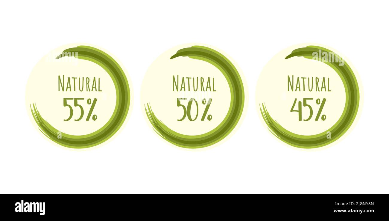 Icone naturali ecocompatibili. Illustrazione vettoriale con pennello autori a cerchio verde, organico. Adesivo ecologico. Illustrazione vettoriale Illustrazione Vettoriale