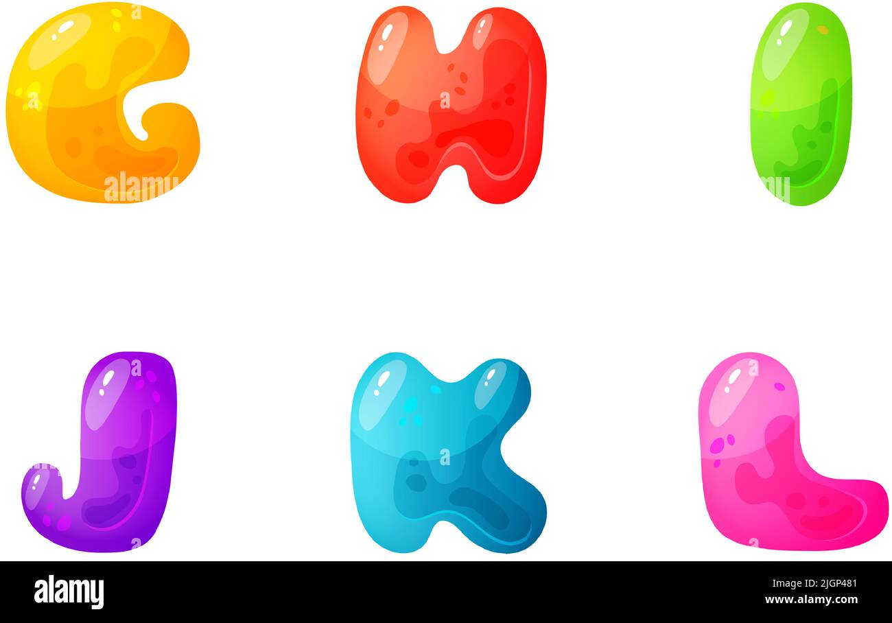 Jelly alfabeti colorati, alfabeto comico per bambini. Carattere Jelly Bright. Tipo di bambini per eventi, promozioni. Illustrazione Vettoriale