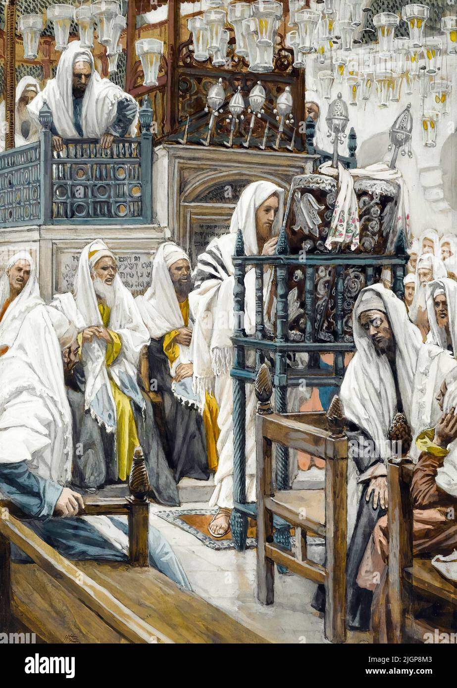 Gesù srotola il libro nella sinagoga, dipinto ad acquerello di James Tissot, 1886-1894 Foto Stock