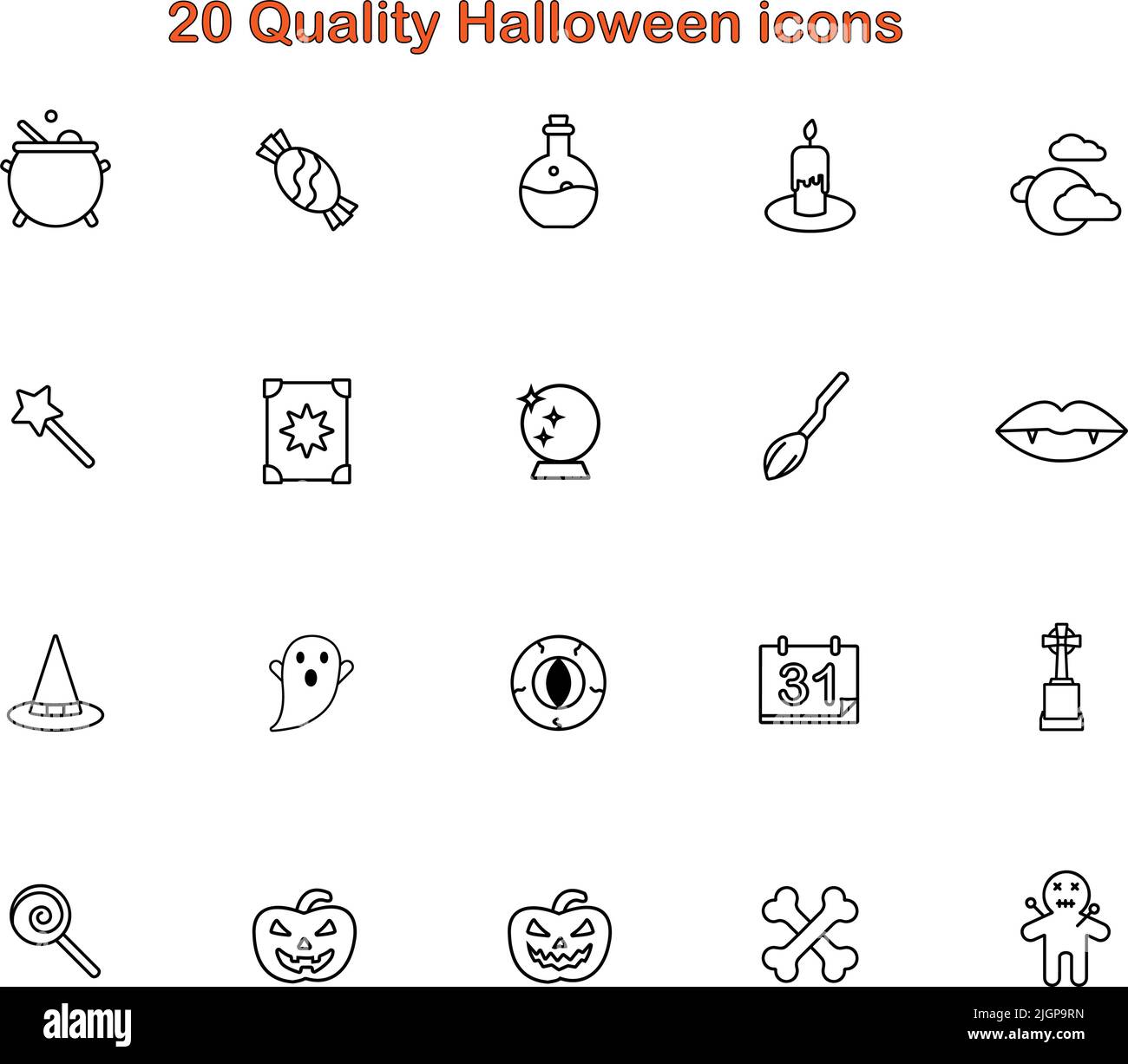 Halloween icone impostato. 20 le icone di qualità delineano lo stile Illustrazione Vettoriale