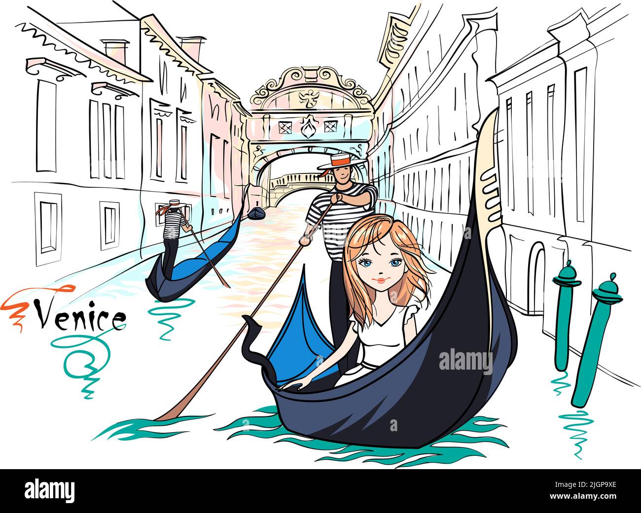 Carino bella ragazza bianca moda in gondola, Venezia, Italia. Ponte dei Sospiri sullo sfondo Illustrazione Vettoriale