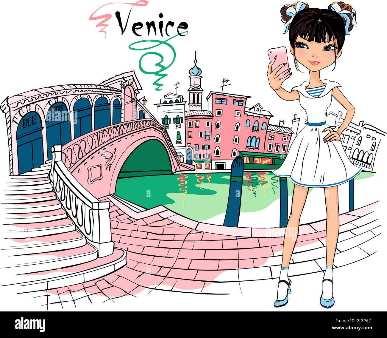Bella ragazza asiatica di moda carina vicino al Ponte di Rialto sul Canal Grande , Venezia, Italia. Illustrazione Vettoriale