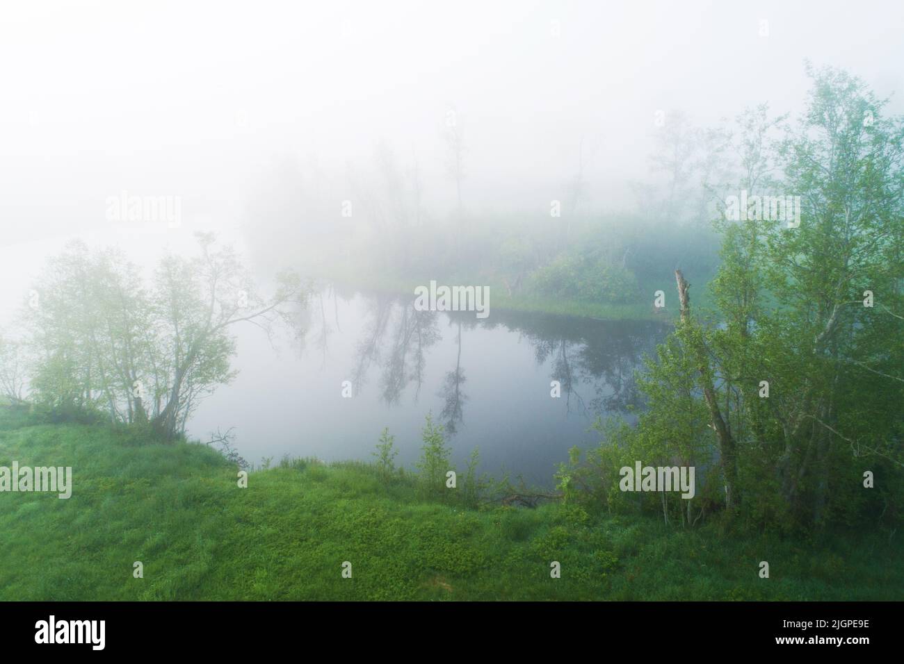 Vista ad alto angolo di un paesaggio di fiume nebbiosa in tarda primavera in Estonia, Nord Europa Foto Stock