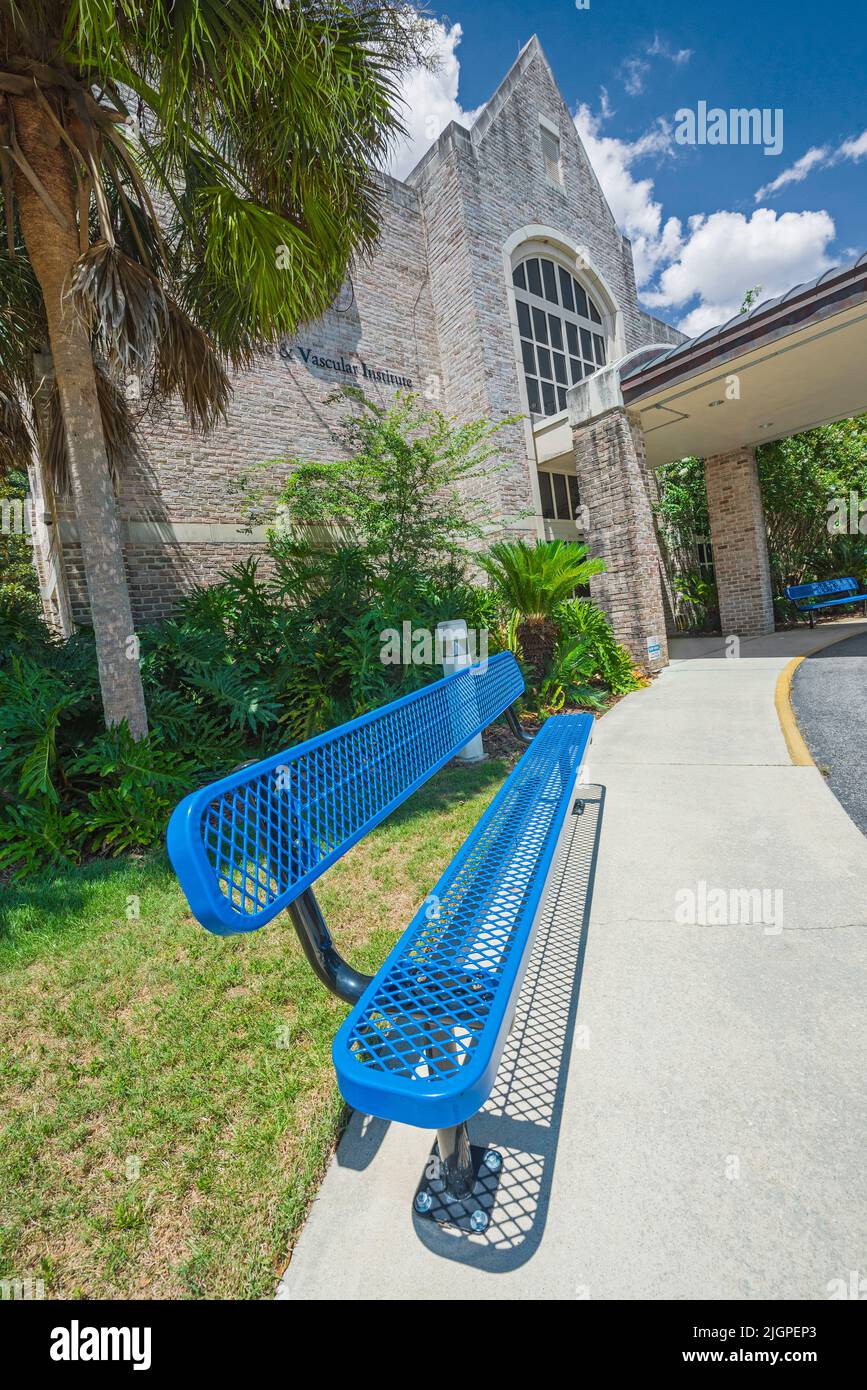 La panca di metallo blu brillante si trova all'esterno di un edificio di uffici a Gainesville, Florida. Foto Stock