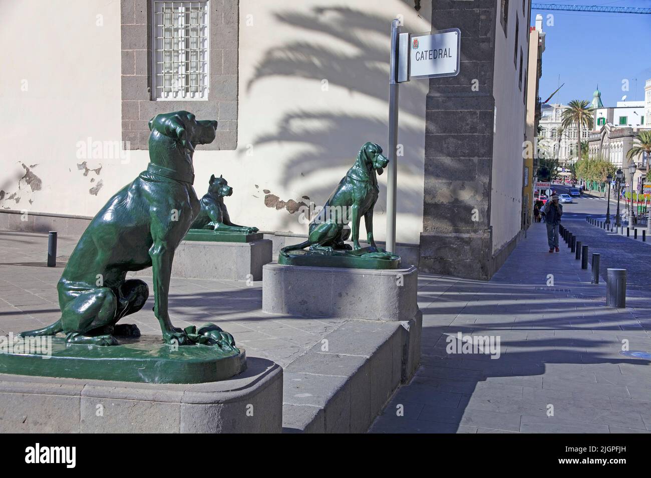 Statue di cani di fronte alla Cattedrale di Santa Ana, Vegueta, città vecchia di Las Palmas, Grand Canary, Isole Canarie, Spagna, Europa Foto Stock