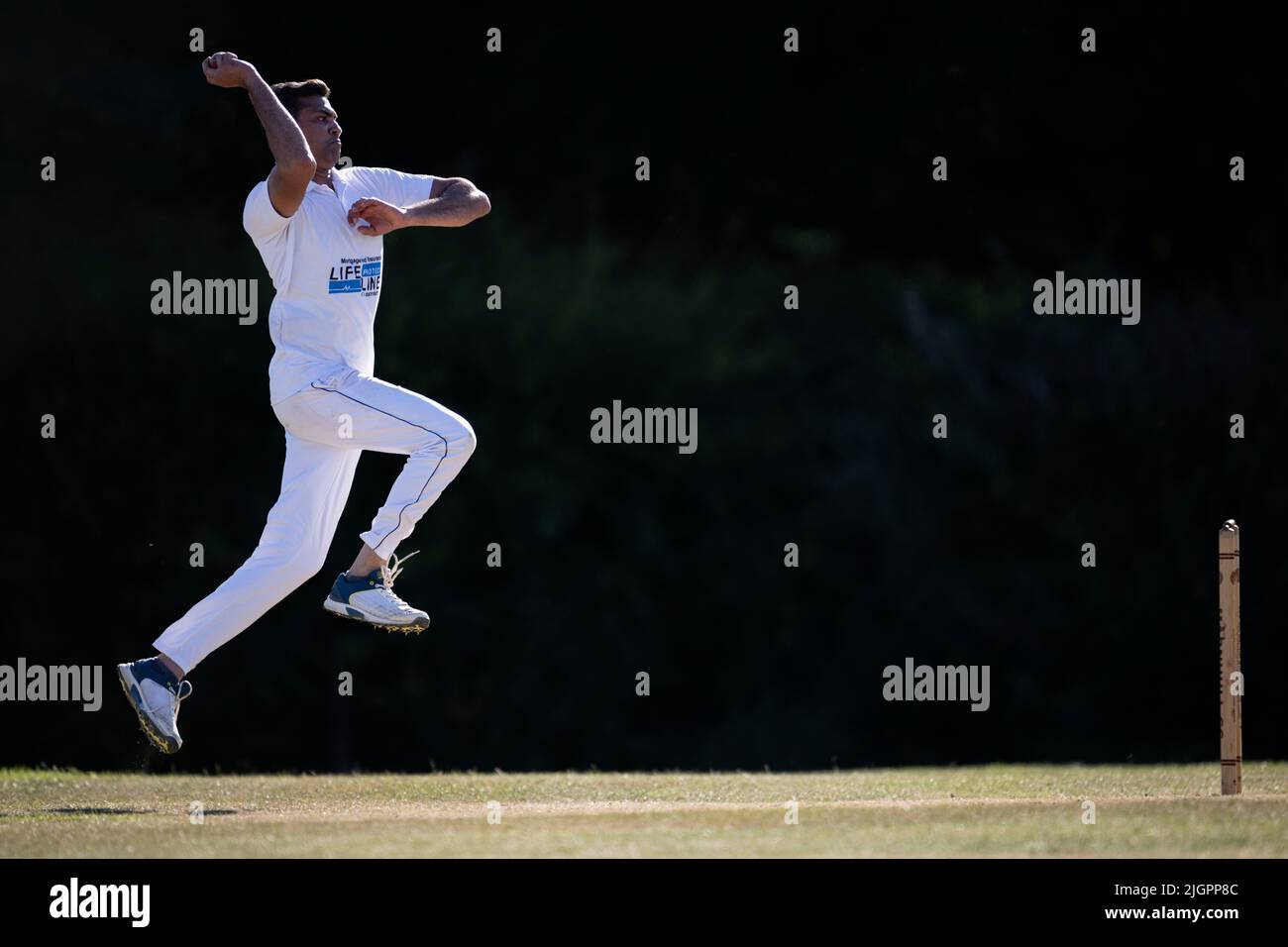 Cricket fast bowler in azione Foto Stock