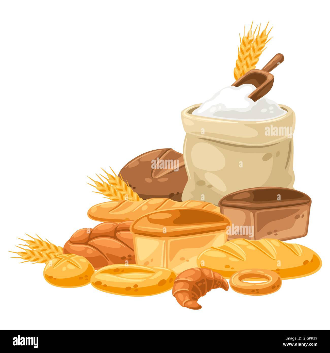 Sfondo con pane e tutto per la cottura. Immagine per panifici e alimentari. Cibo tradizionale sano. Illustrazione Vettoriale