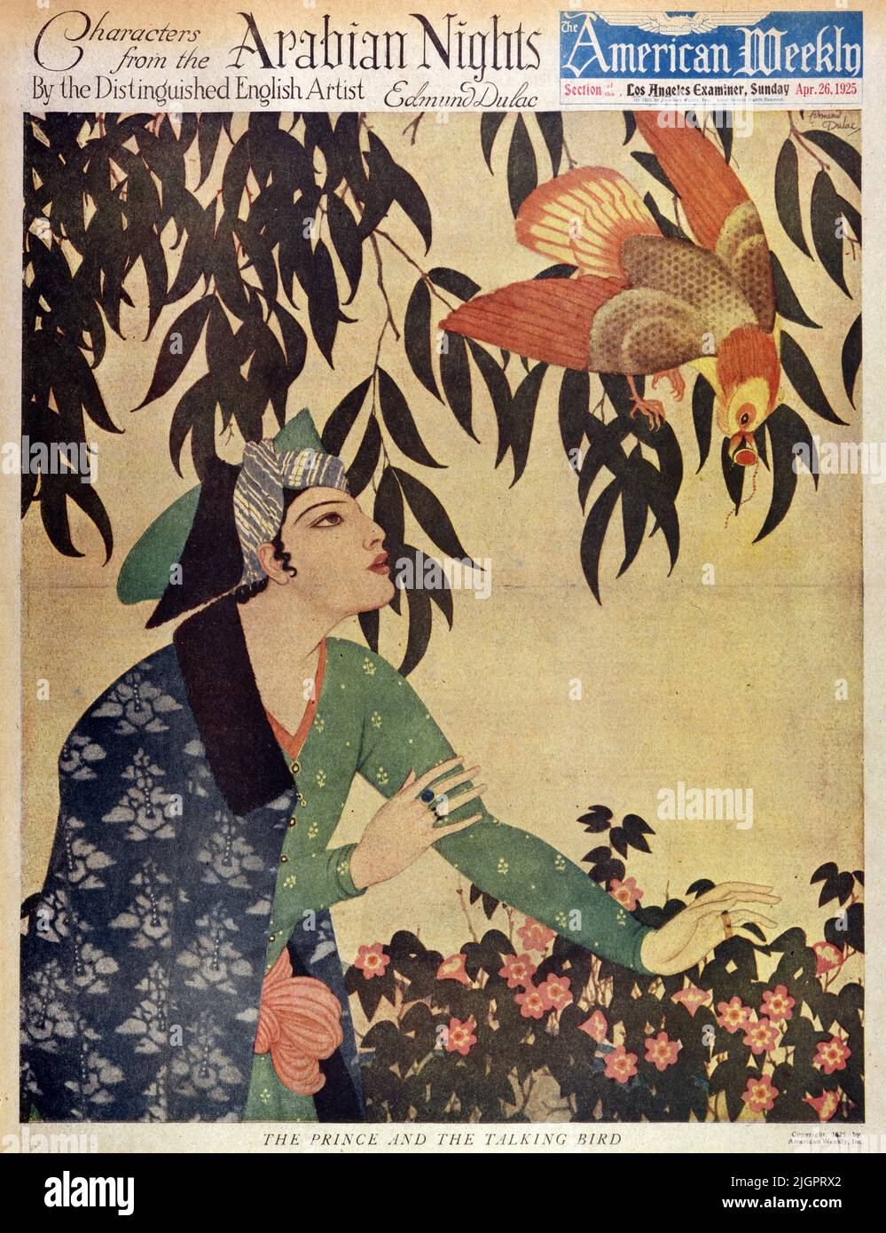 'The Prince and the Talking Bird' pubblicato il 26,1925 aprile nella rivista americana settimanale domenicale dipinta da Edmund Dulac per la serie 'Characters from the Arabian Nights'. Foto Stock