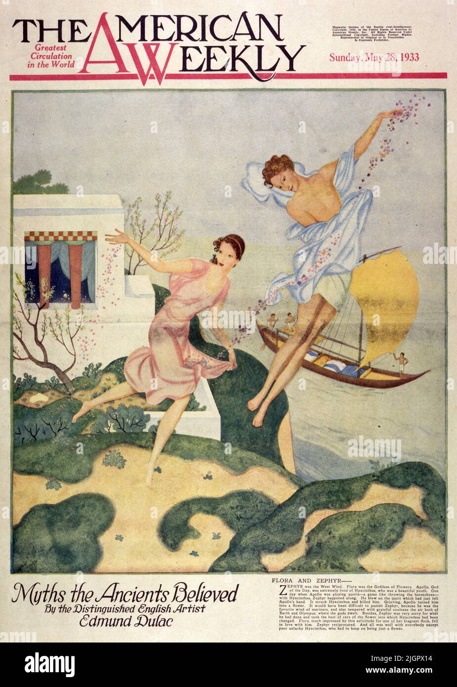 'Flora e Zephyr' pubblicato il 28,1933 maggio sulla rivista americana settimanale domenicale dipinta da Edmund Dulac. Zephyr era il vento d'Occidente. La flora era la dea dei Fiori. Apollo, Dio del giorno, era estremamente affezionato a Hyacinthus, che era una bella giovinezza. Un giorno, quando Apollo stava giocando a quoits, un gioco come lanciare il ferro di cavallo, con Hyacinthus, Zephyr accadde. Ha saltato sul quoit che aveva appena lasciato la mano di Apollo. Colpì Hyacinthus e lo uccise. Il dolore di Apollo lo trasformò in un fiore. Sarebbe stato difficile punire Zephyr, perché era il vento preferito dei marinai... Foto Stock