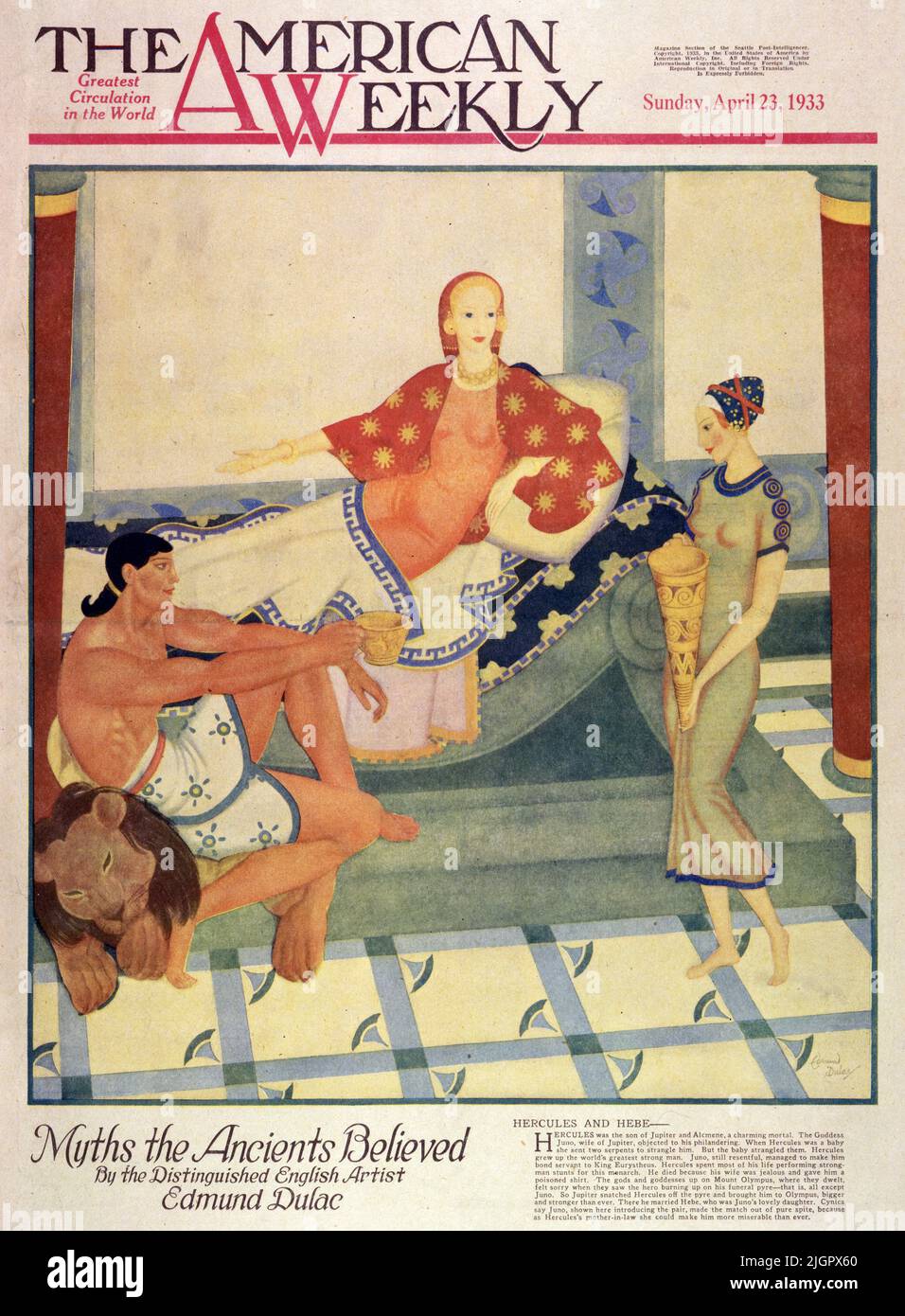 'Hercules and Hebe' pubblicato nell'aprile 23,1933 sulla rivista American Weekly dipinta da Edmund Dulac. Ercole era figlio di Giove e di Alcmeno, un'incantevole mortale. La dea Giunone, moglie di Giove, si oppose alla sua filanderizzazione. Quando Hercules era un bambino ha inviato due serpenti per strangolarlo. Ma il bambino li strangolò. Hercules crebbe l'uomo più forte del mondo. Giunone, ancora risentito, riuscì a renderlo servo del re Euristeo. Hercules ha speso la maggior parte della sua vita che esegue acrobazie forti dell'uomo per questo monarch.He è morto perché sua moglie era gelosa e gli ha dato una camicia avvelenata. Foto Stock