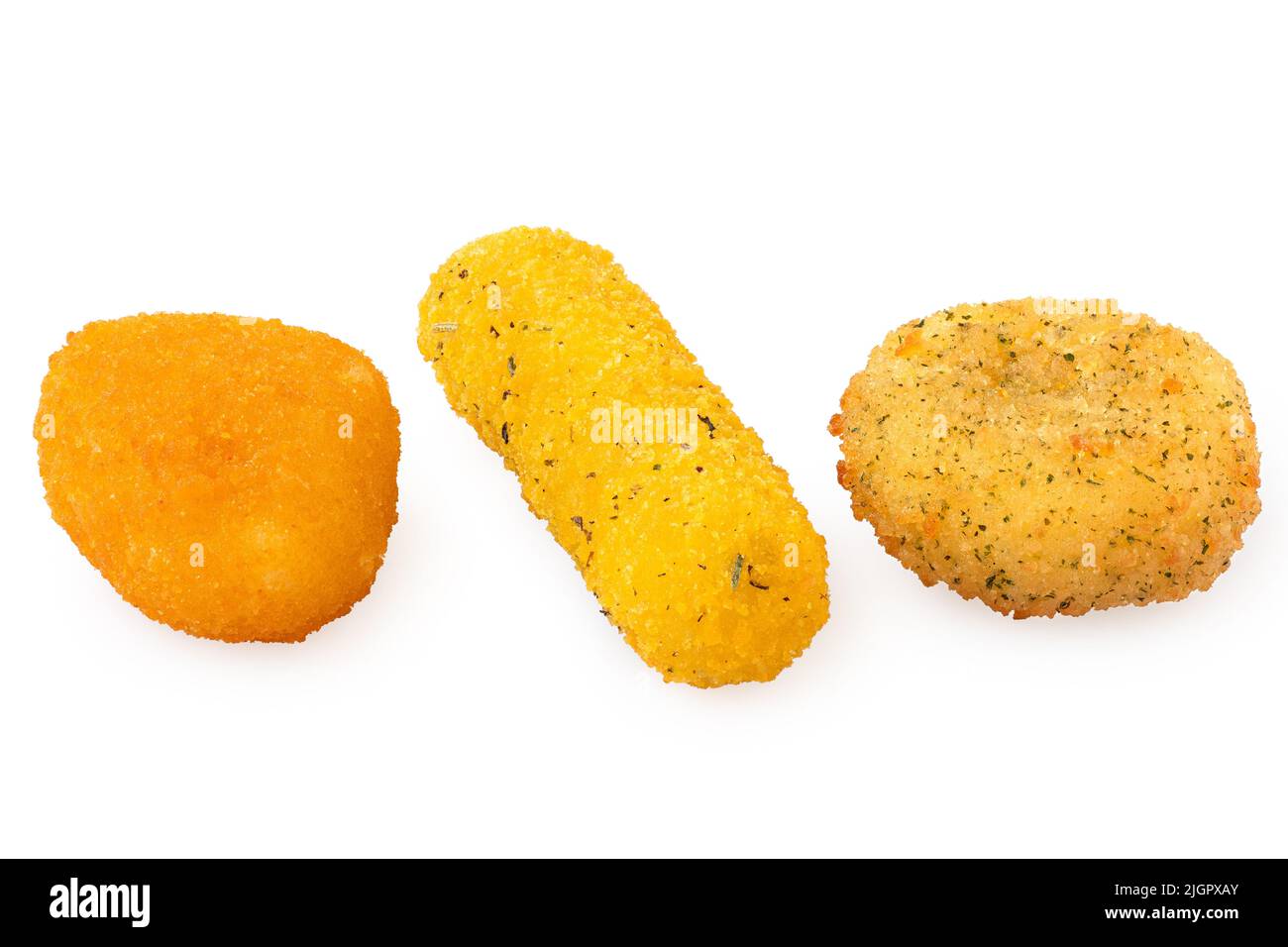 pepato di brie fritto nugget, camembert nugget e mozzarella bastone isolato su bianco. Foto Stock