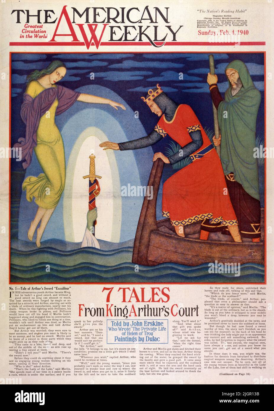 "The tale of Arthur’s Sword “Excalibur” pubblicato nella rivista americana settimanale della domenica il 4,1940 febbraio, dipinta da Edmund Dulac. Nella sua giovinezza avventurosa Arthur divenne re, ma non aveva una buona spada, e senza una buona spada nessun re può essere molto. Le spade migliori sono state forgiate dalla magia o acquisite da un miracolo, e Arthur, iniziando con una lama di fabbricazione ordinaria, quasi ha incontrato la sua morte. Quando combatteva con Pellinore, la sua arma a basso costo si rompeva a pezzi, e Pellinore avrebbe tagliato la testa se Merlin non fosse successo e lo avesse impegnato in conversazione. Foto Stock