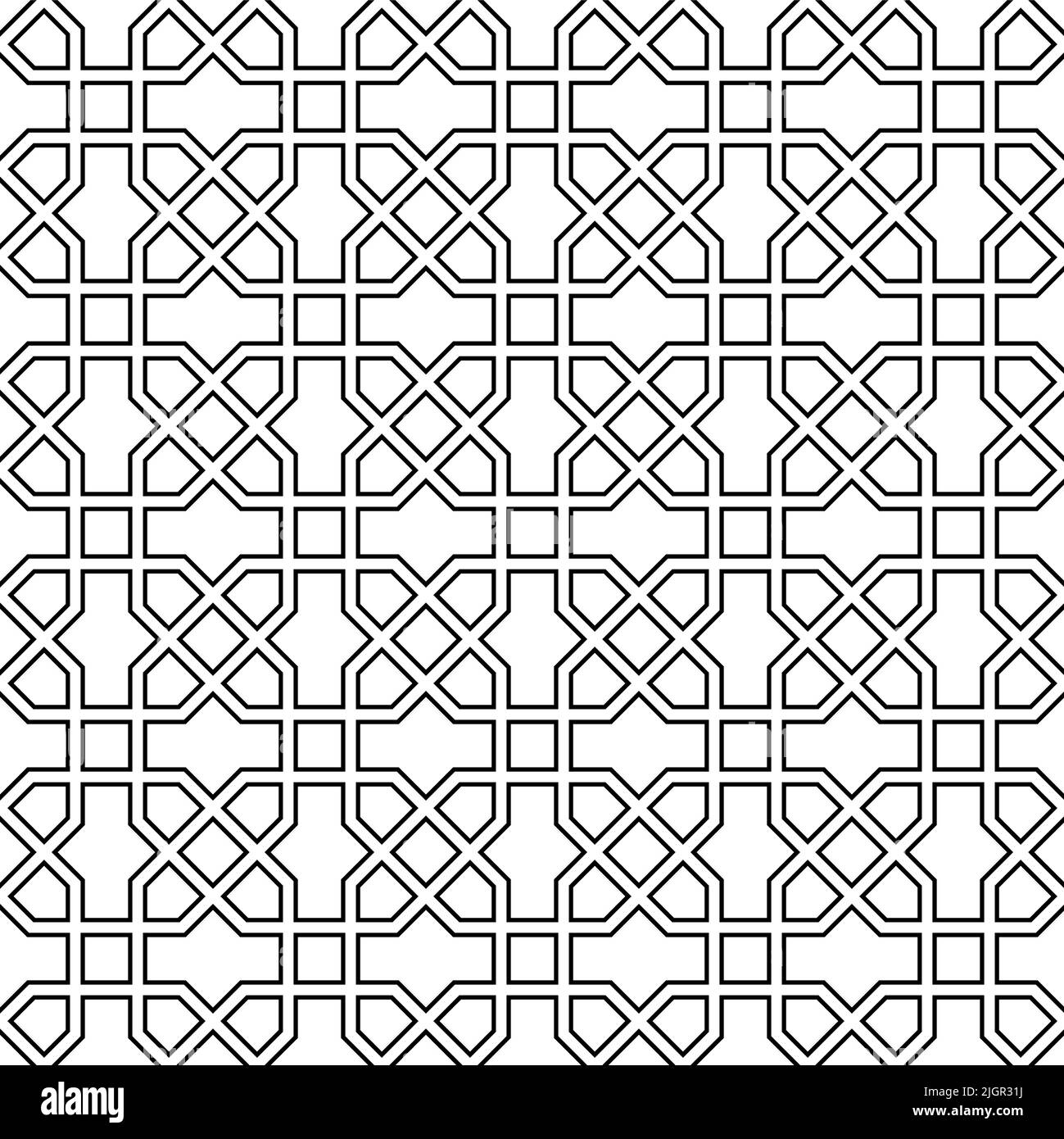 Ornamento geometrico senza giunture basato su arte islamica tradizionale.linee di colore nere. Illustrazione Vettoriale