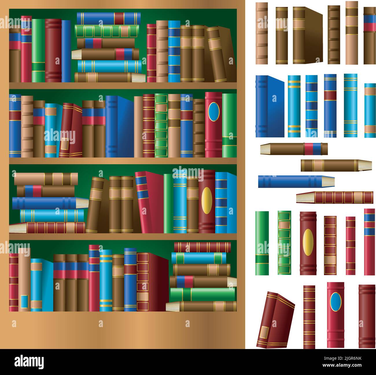 Un'illustrazione grafica vettoriale di una scaffalatura per libri e libri rilegati in pelle. Illustrazione Vettoriale