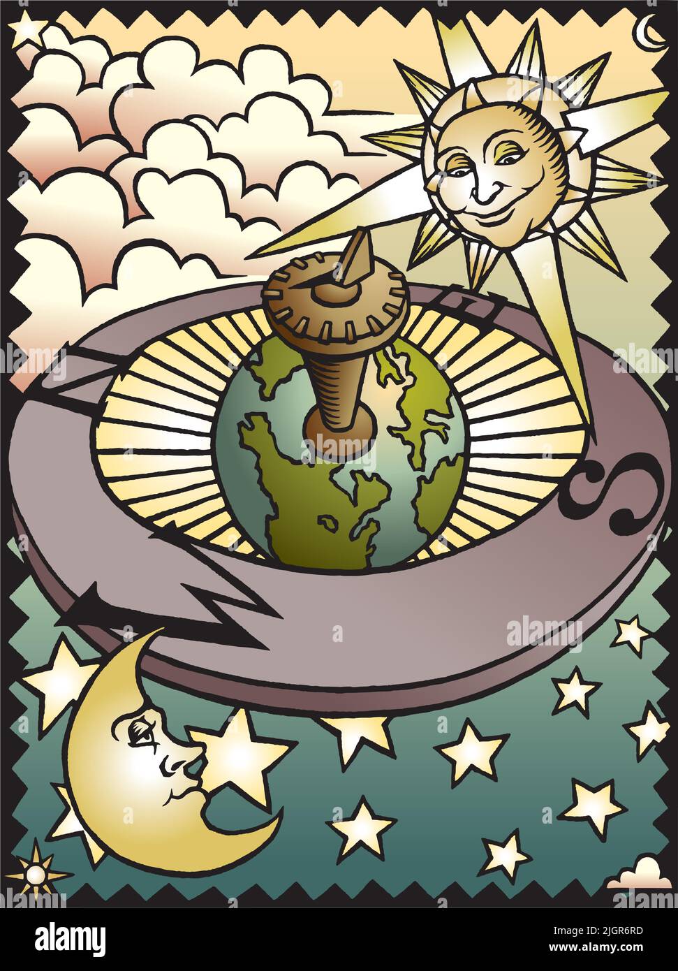 Un'illustrazione vettoriale in stile legno di un sole, luna, stelle e meridiana. Illustrazione Vettoriale