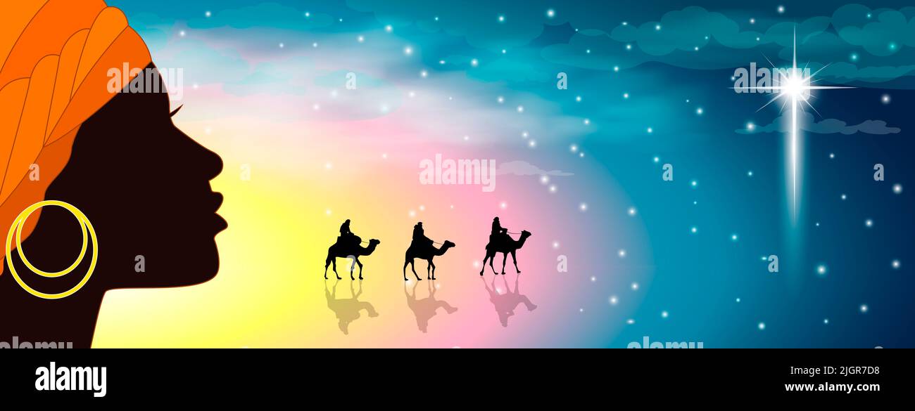 Silhouette di una giovane donna e una carovana di cammelli sullo sfondo di un cielo stellato e di una stella splendente. Foto Stock