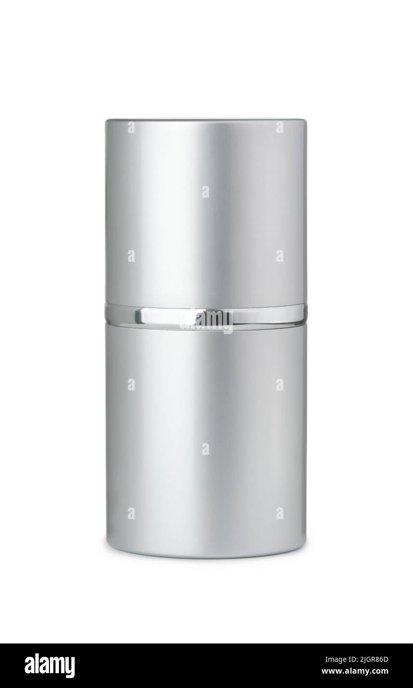 Vista frontale del contenitore cilindrico in metallo bianco isolato su bianco Foto Stock