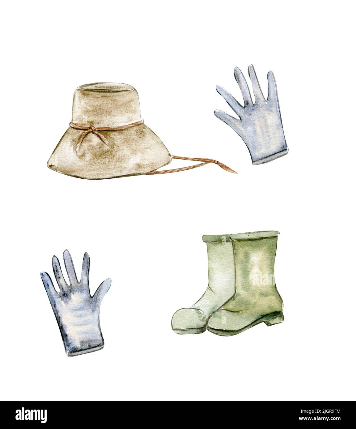 Guanti vecchi disegnati a mano, cappello, stivali per giardiniere Foto Stock