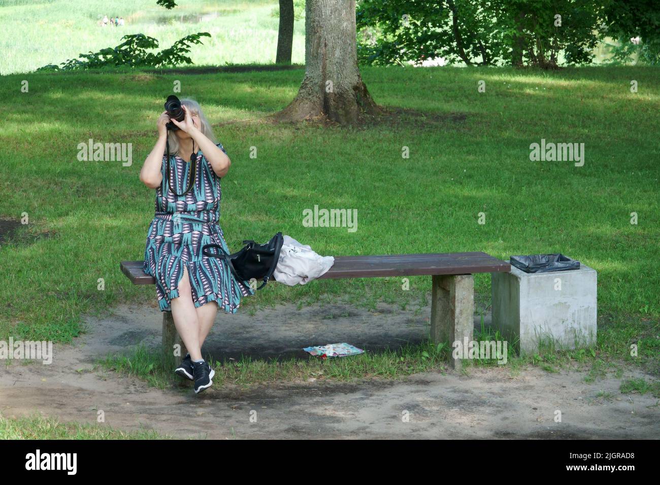 Lady con una fotocamera su una panca in un parco guarda in su, alla ricerca di una scena per una foto. La fotografia come hobby, passione e professione della gente. Foto Stock