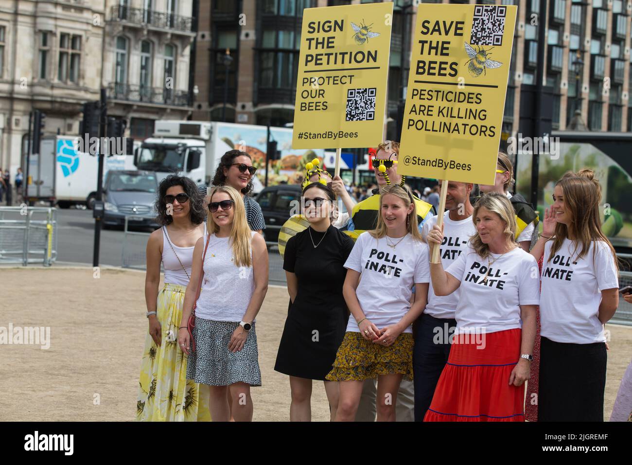 Londra UK Luglio 2022 Stand by Bees Nuova campagna è iniziata per tagliare l'uso di pesticidi mortali manifestanti riuniti in piazza del parlamento Foto Stock