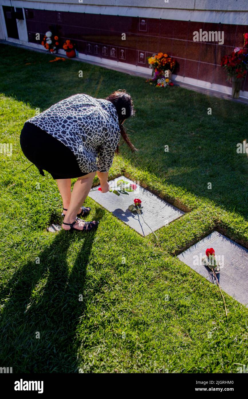 Una donna pone le rose su una tomba in omaggio ad un parente in Orange, CA. Foto Stock