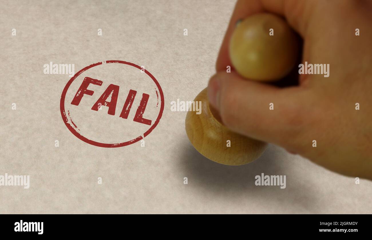 Fail stamp e timbratura manuale. Fallimento, fallimento e fallimento del concetto di business. Foto Stock