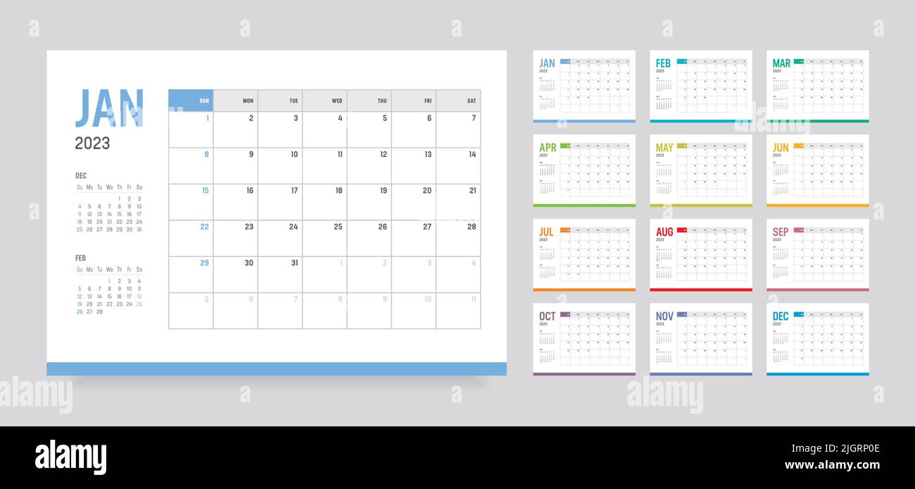 Calendario mensile della scrivania dell'anno 2023. La settimana inizia domenica. Modello vettoriale. Illustrazione Vettoriale