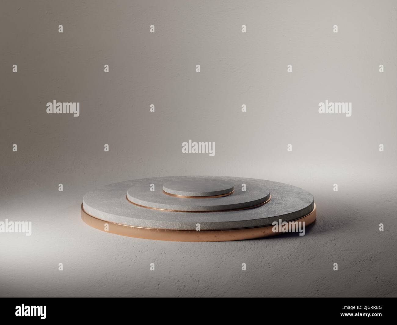 Piedistallo in marmo con fodere dorate. Sfondo della vetrina astratto e minimalista. Rendering digitale 3D. Foto Stock