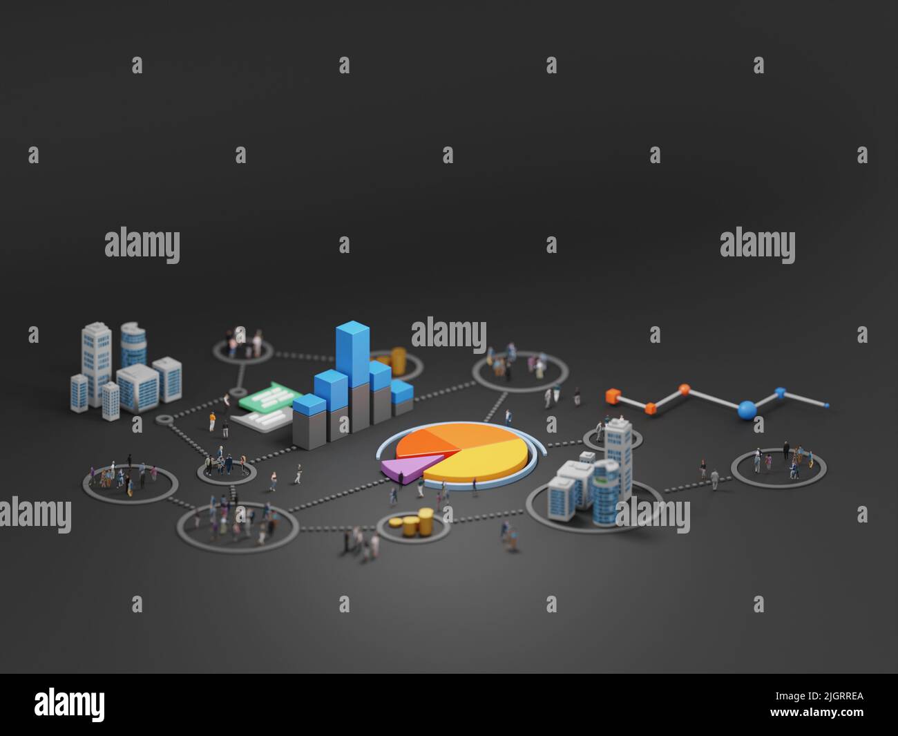 Analisi dei big data, concetto astratto. Grafici e grafici che mostrano informazioni e gruppi di persone su sfondo nero. Rendering digitale 3D. Foto Stock