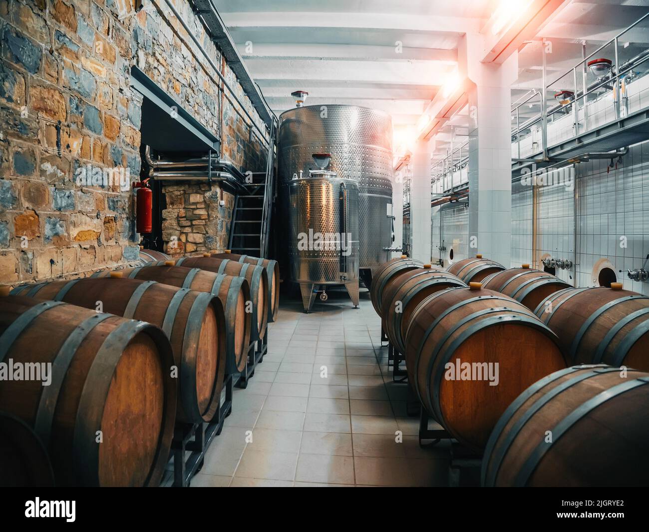 Azienda vinicola con vasche d'acciaio per la fermentazione e botti di legno per il processo di invecchiamento, concetto di vinificazione, industria alimentare. Foto Stock