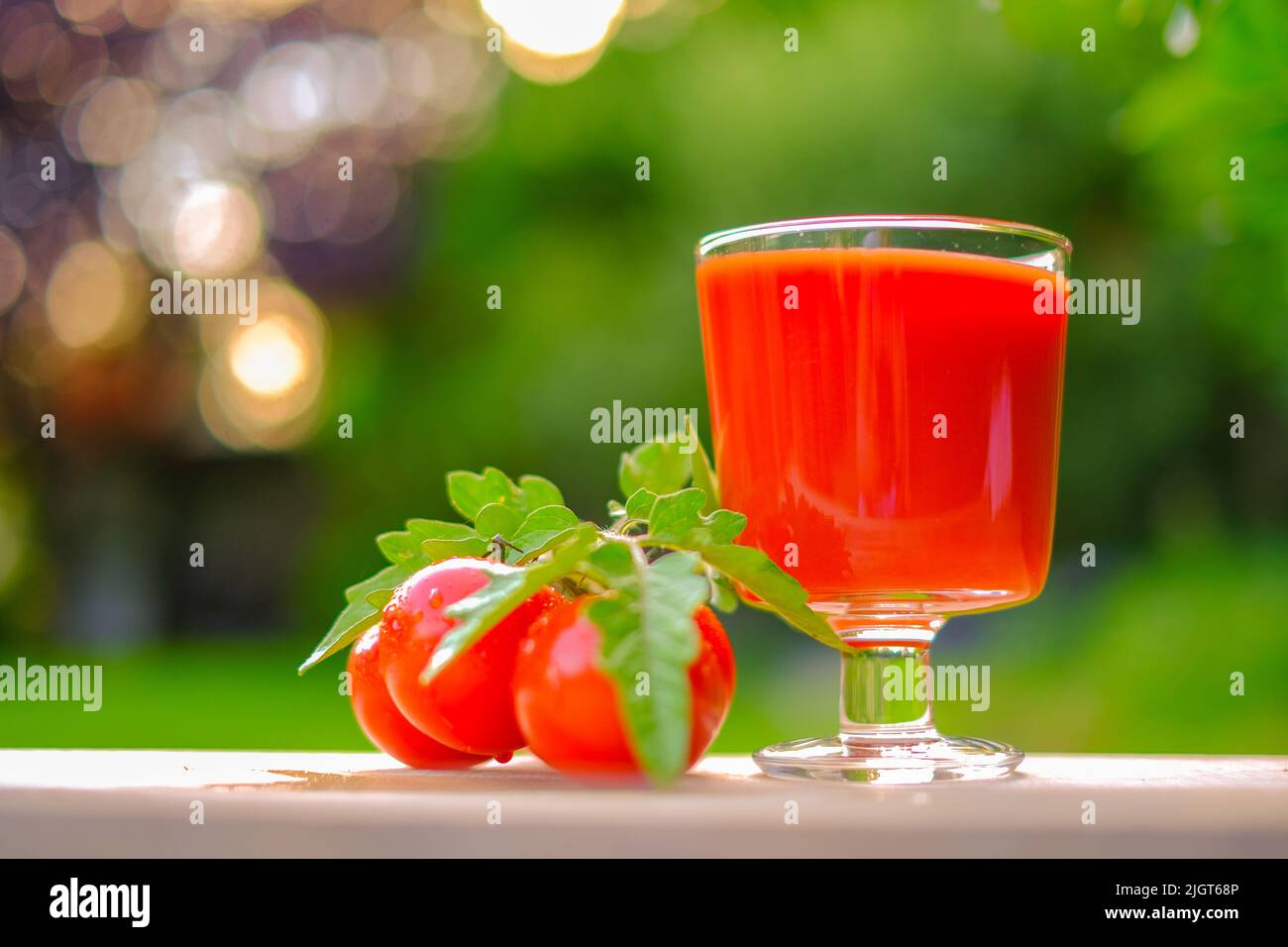 Succo di pomodoro in un calice di vetro e pomodori rossi maturi su sfondo verde giardino. Succhi naturali vegetali. Succo biologico di pomodoro rosso Foto Stock