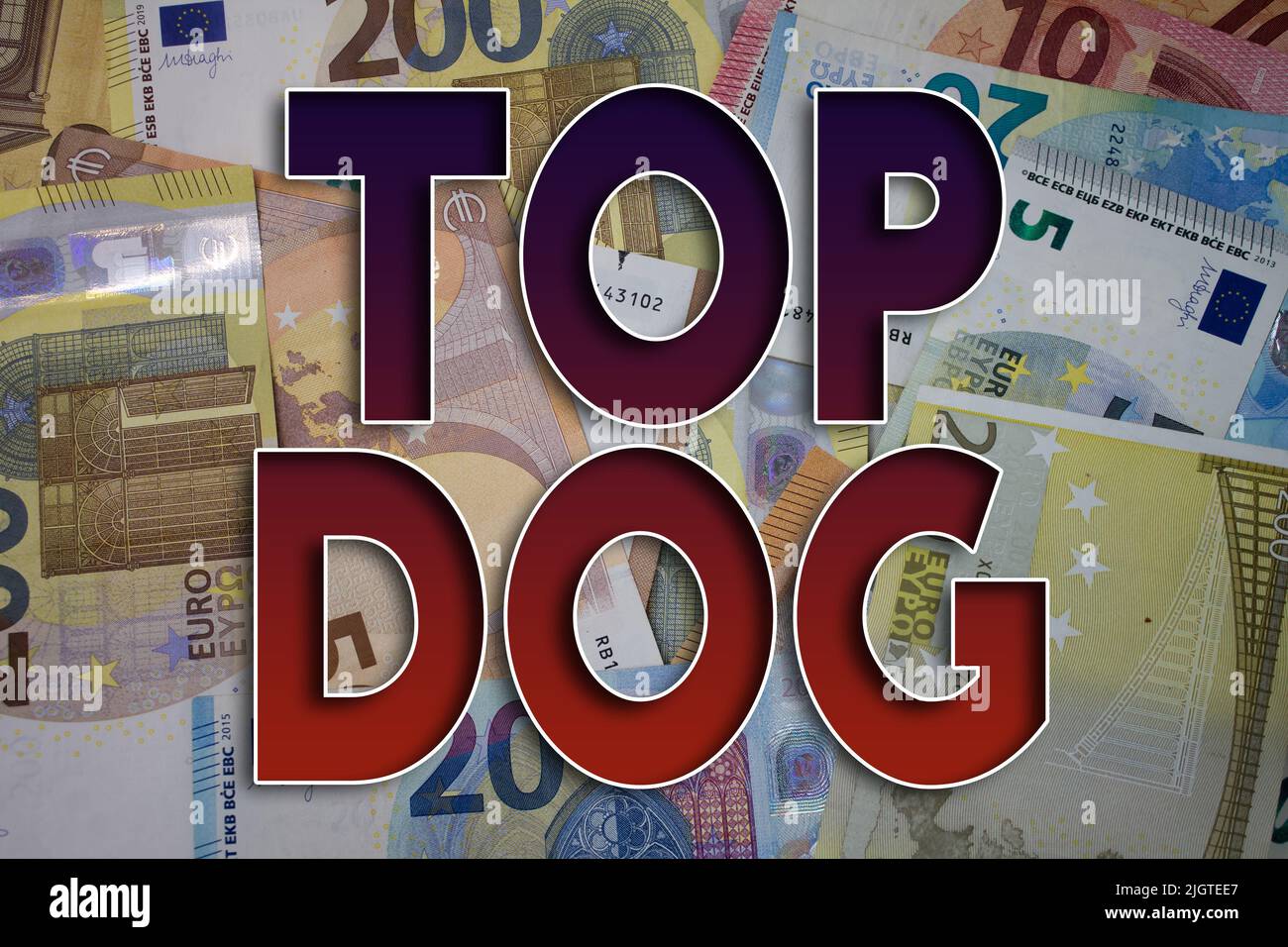 Top Dog parola con soldi. Sfondo cartaceo con banconote diverse. Foto Stock