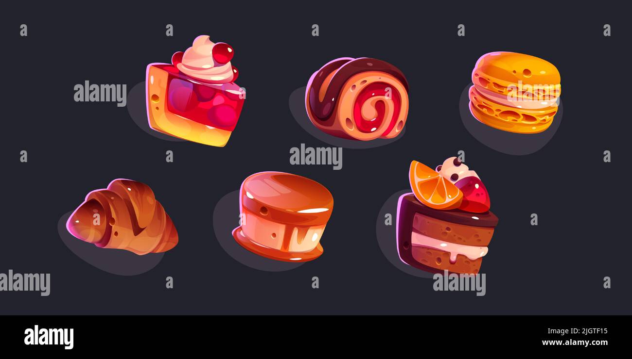 Giochi icone dolci, dolci e dessert. Cartoon 2D ui elementi grafici, pasticceria, macaroni, panna cotta con condimenti al caramello, focloato, bacche e frutta isolato vettore set Illustrazione Vettoriale